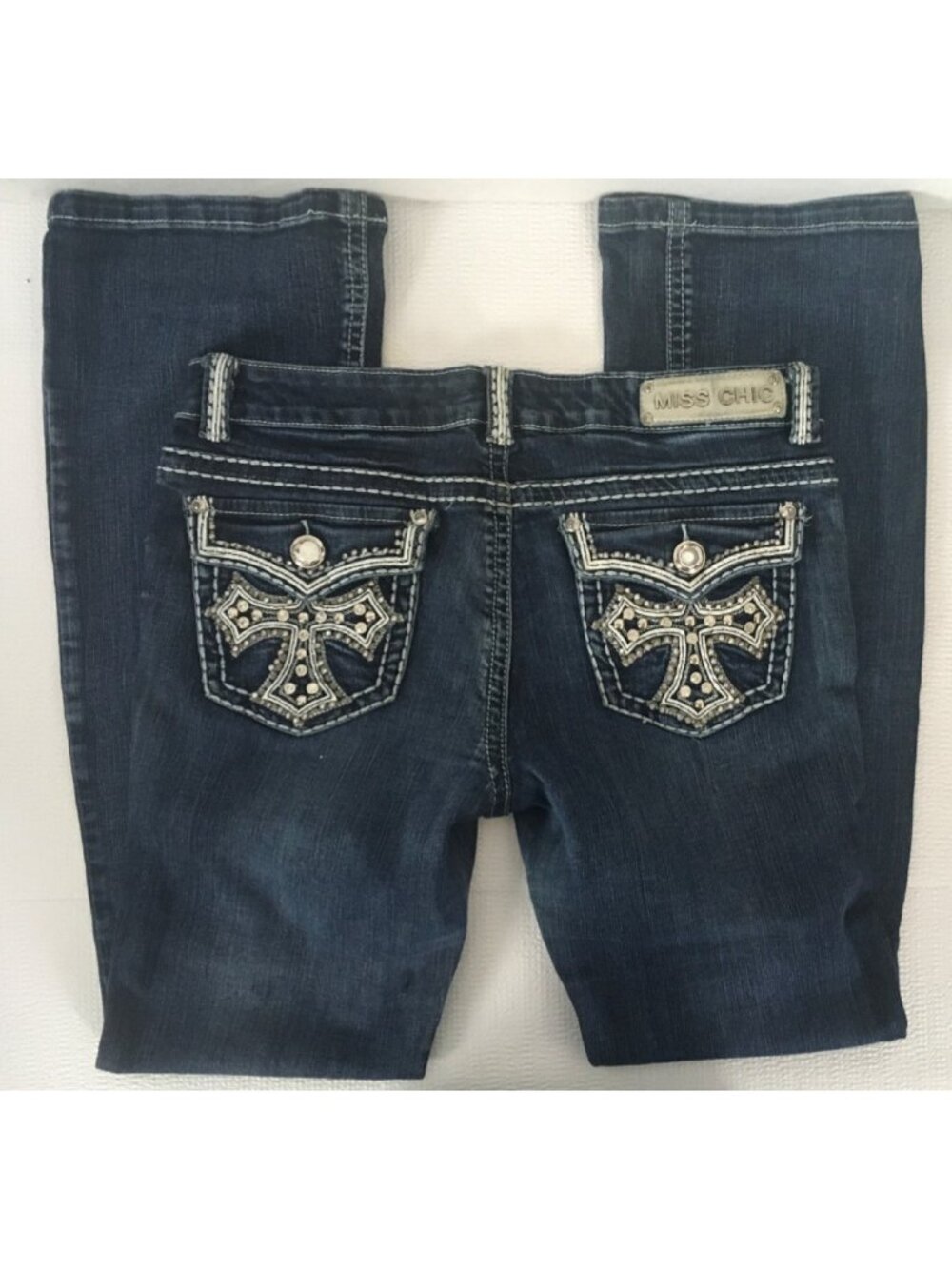 Miss Chic Jeans Size 13 Blue Embellished Mid rise Bootcut Cross Pockets - Picture 4 of 15